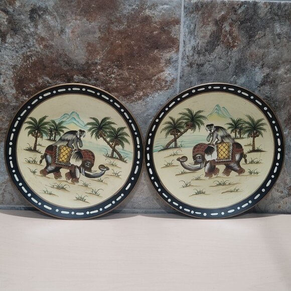 Pair Decorative Ceramic Plate Hand Painted Monkey Riding Elephant - Picture 1 of 10
